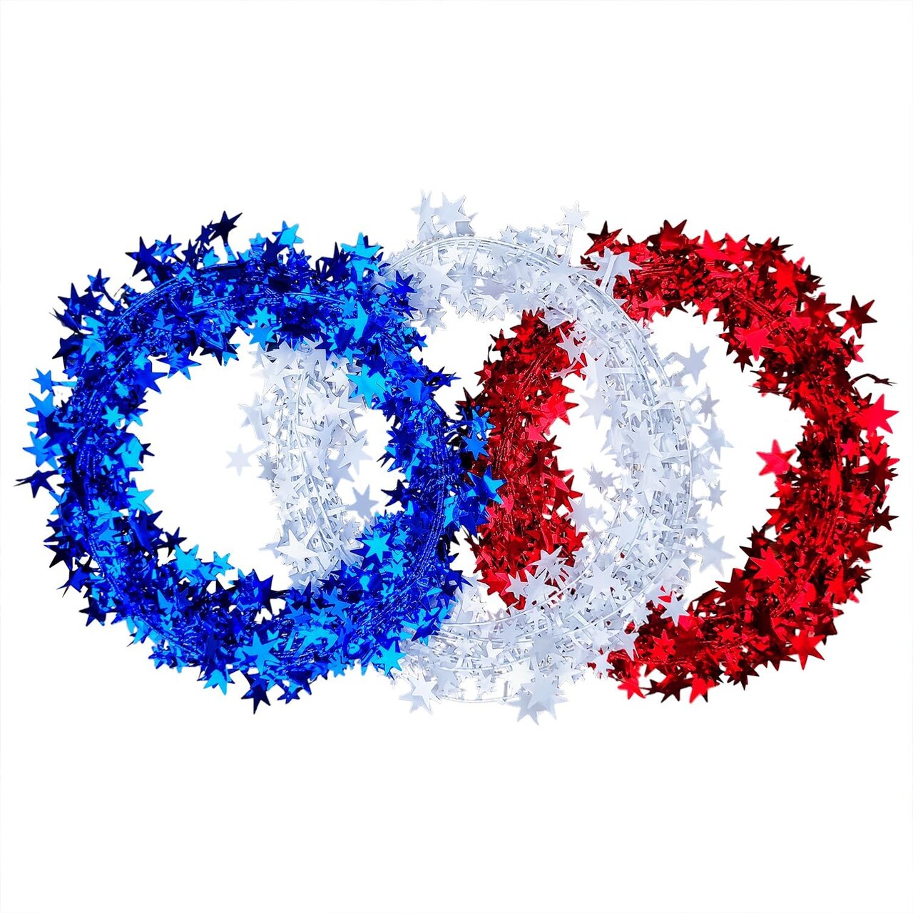 3 Rolls Tinsel Stars Wire Garlands, 26 Feet Red White Blue Star Tinsel Garlands for Wreath Making, Gift Wrapping and DIY Craft Projects